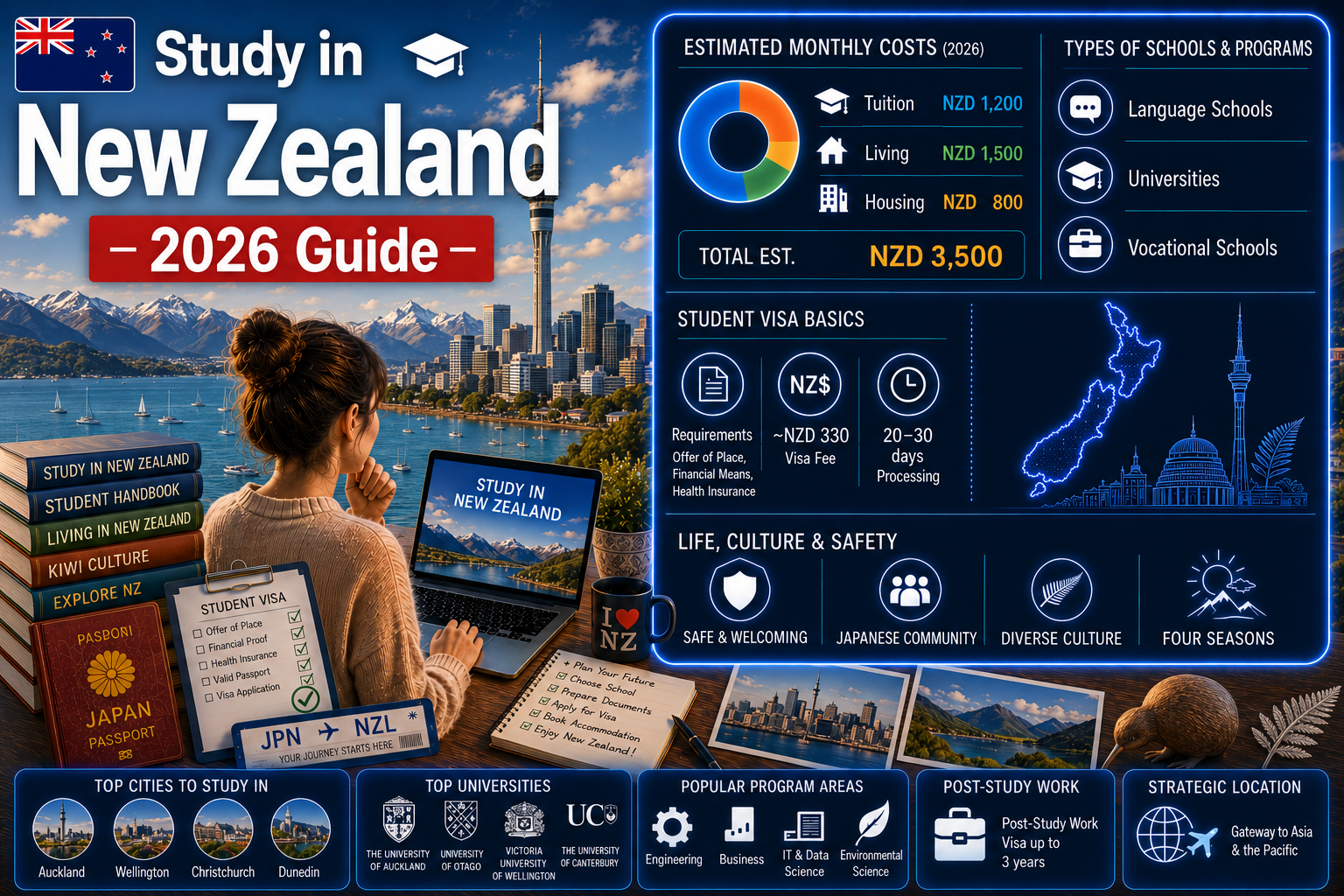 Study in New Zealand 2026 — Complete Guide to Costs, Schools, Visa & Life